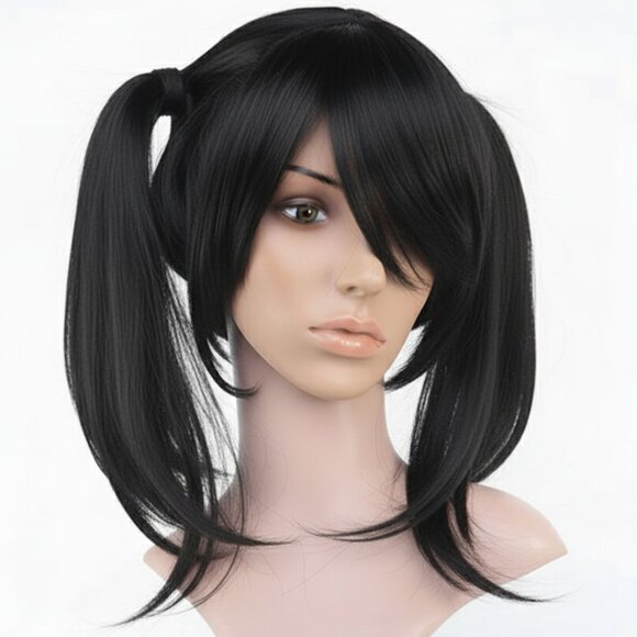 HIGH QUALITY Black Wig with Pigtails - Cute Kawaii Cosplay & Halloween Skin Top - Picture 1 of 3
